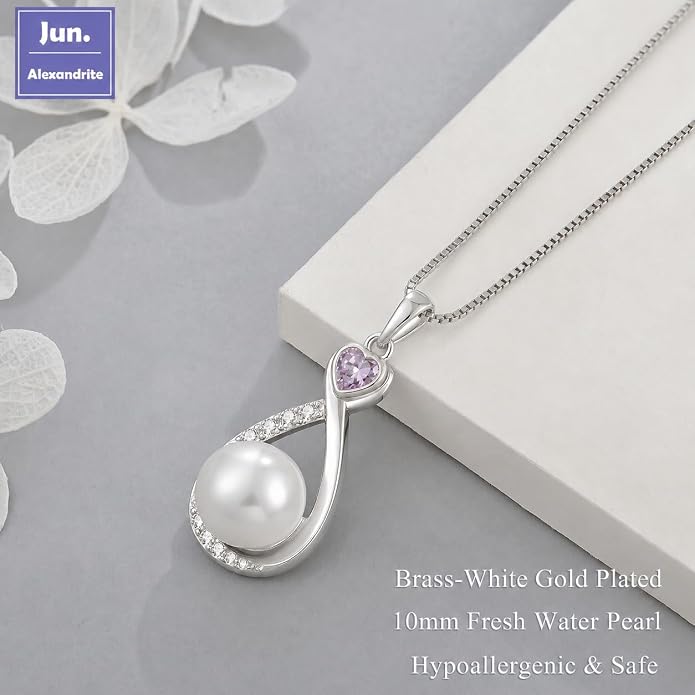 Heart Birthstone Pearl Pendant Necklace, 925 Sterling Silver Infinity Necklace with 10mm Freshwater Cultured Pearl & 4mm Gemstone Jewelry for Women
