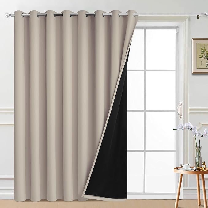 Yakamok Natural 100% Blackout Patio Door Curtain Panels W100 x L84,1 Panel | Noise Reducing Barrier Panel for Sliding Glass Door, 2 Thick Layers Heat Full Light Blocking Patio Door Drapery