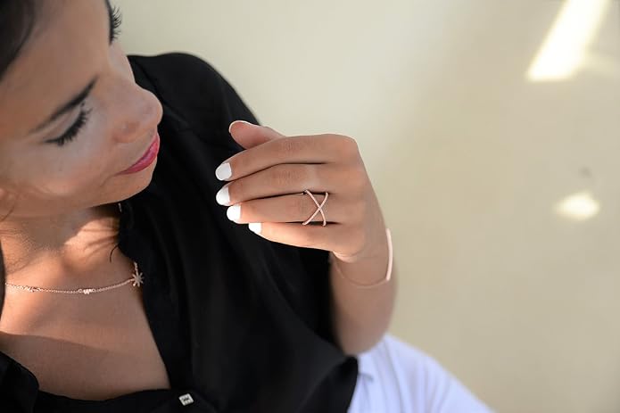 LEMON GRASS Womens Criss Cross Ring Diamond X Ring Micropave CZ Inlay 14K Rose Gold Plating Size 4 5 6 7 8 9 10