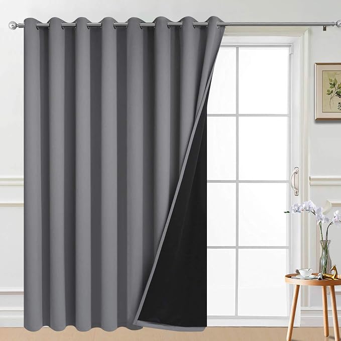 Yakamok Grey 100% Blackout Patio Door Curtain Panels W100 x L84, 1 Panel | Noise Reducing Barrier Panel for Sliding Glass Door, 2 Thick Layers Heat Full Light Blocking Patio Door Drapery