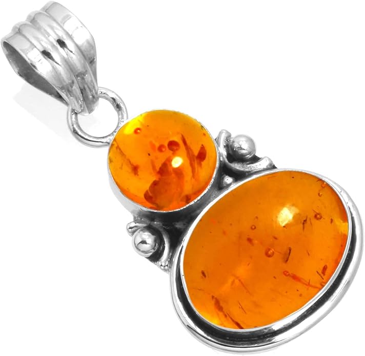 Handmade Genuine 925 Sterling Silver Pendant Necklace Natural Gemstone Crystal, Lapis, Onyx, Amber Oval Round Boho Jewelry For Women