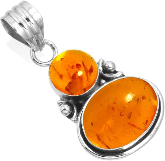 Handmade Genuine 925 Sterling Silver Pendant Necklace Natural Gemstone Crystal, Lapis, Onyx, Amber Oval Round Boho Jewelry For Women