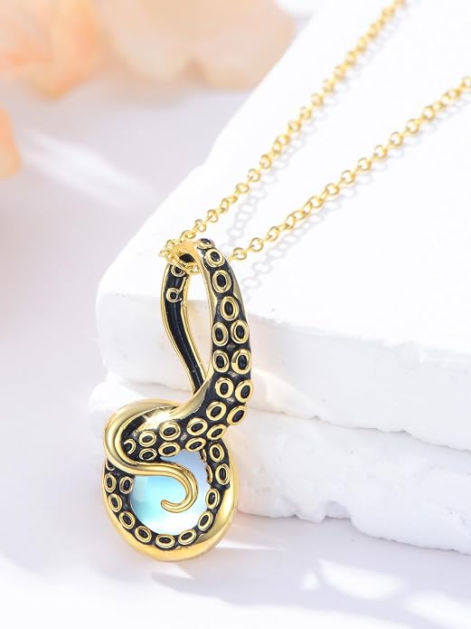 Octopus Tentacles Necklace with Gemston 925 Sterling Silver Octopus Pendant for Women Ocean Jewelry Gift for Women