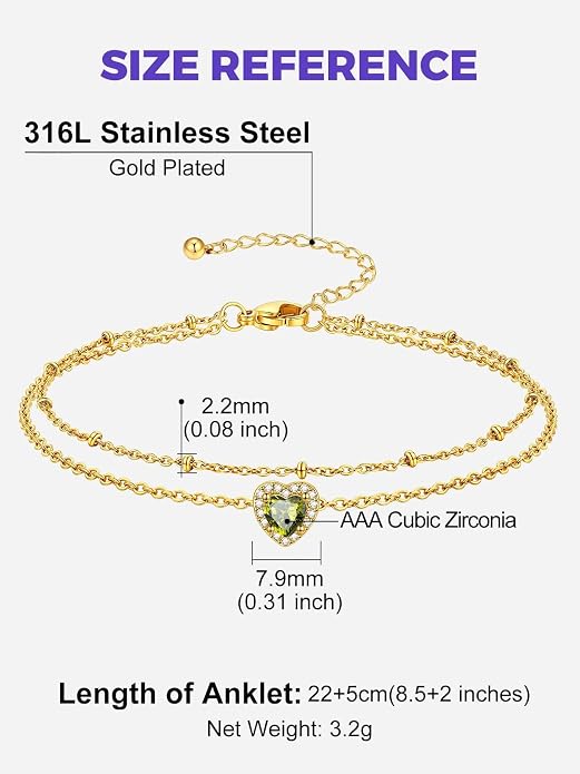Richsteel Double Layer Heart/Butterfly Birthstone Anklet for Women Non Tarnish Waterproof, Silver/Gold/Black Stainless Steel 8.5-10.5 Inch Adjustable Chain Anklets Jewelry Gifts for Her