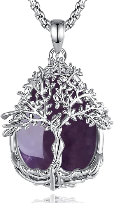 Vito Tree of Life Necklace for Women Men, Silver Plated Copper Teardrop Moonstone/Obsidian/Turquoise/Amethyst/Malachite Crystal Tree Necklace Protection Energy Amulet Jewelry Gift for Mom Wife, 20+2"