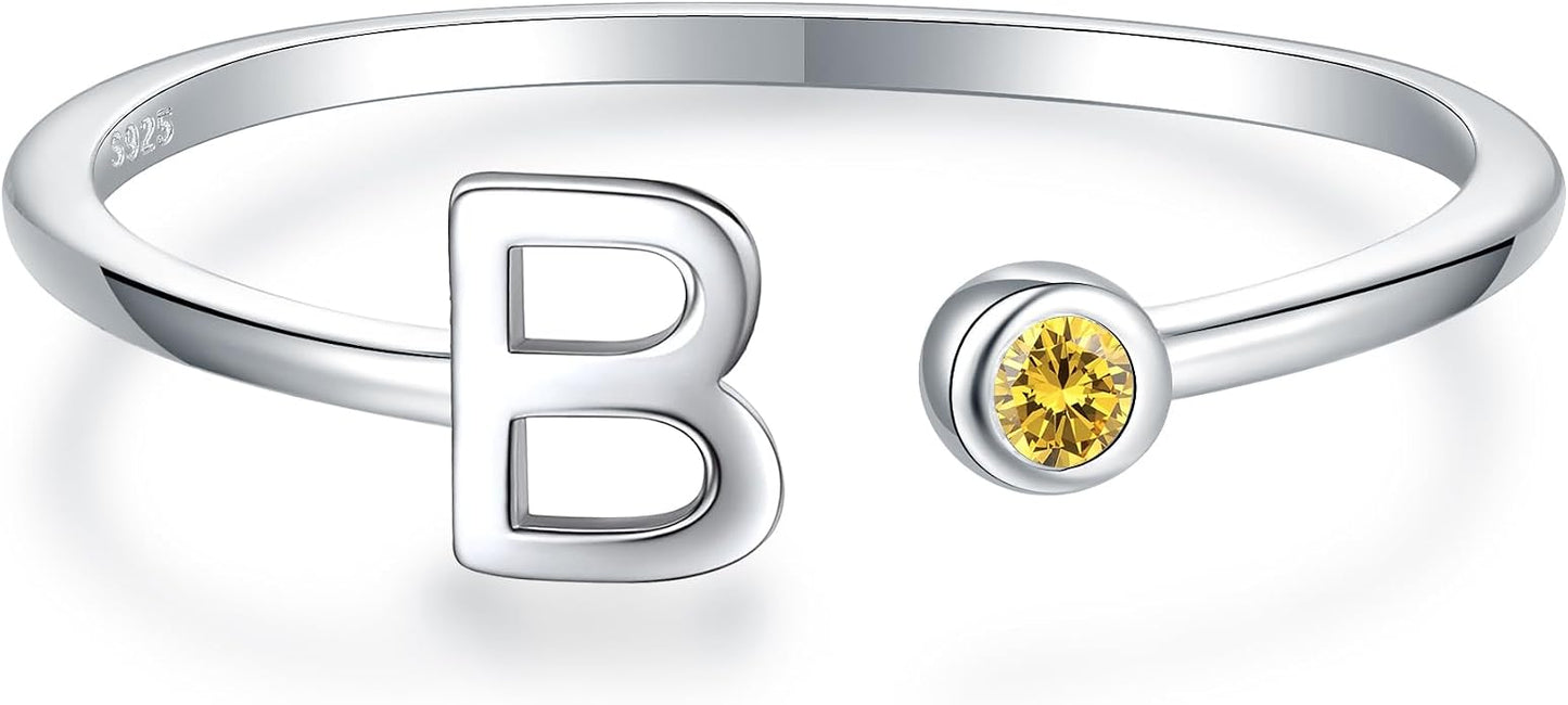 925 Sterling Silver Initial Letter Birthstone Rings for Women Adjustable 1-12 Month Birthstone Alphabet Stacking Ring for Teens Girls Stackable Birthstone Rings Birthday Jewelry Gift for Daughter Mom