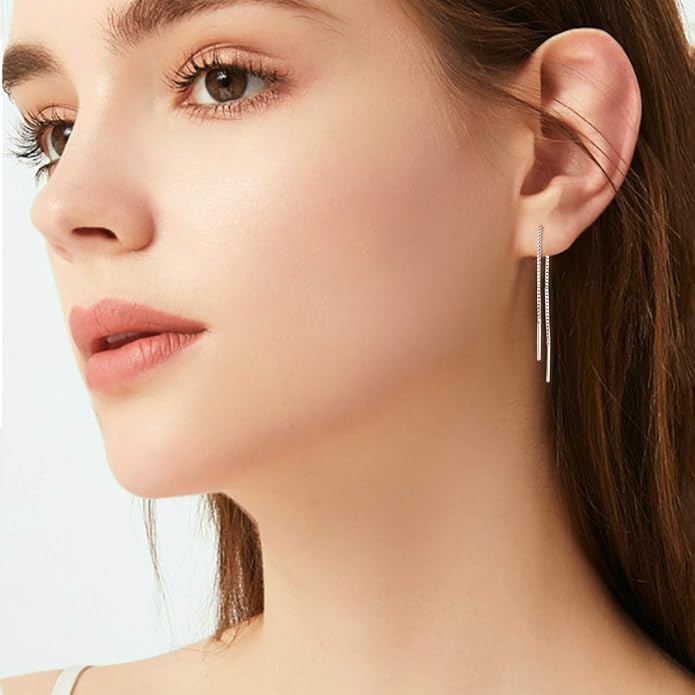 YFN Threader Earrings Sterling Silver Chain -Earrings for Women Dangle Earrings Thread Dangling Threaded Long Chain Earring Nickel Free Hypoallergenic Ear for Women