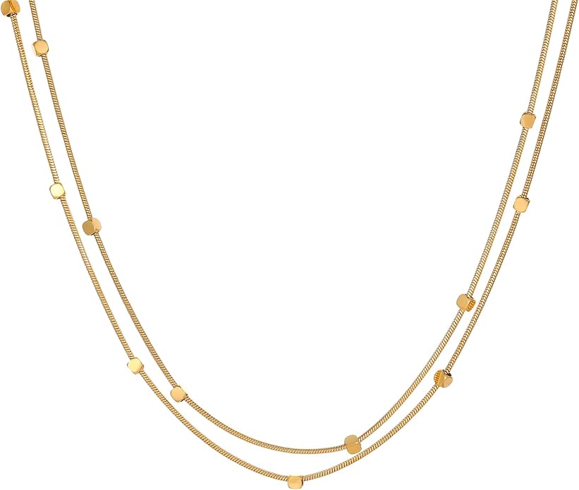 18K Gold Plated Layered Herringbone Necklaces for Women Dainty Layering Beaded Snake Chain Choker Moon Coin Pendant Necklace Trendy Stainless Steel Jewelry