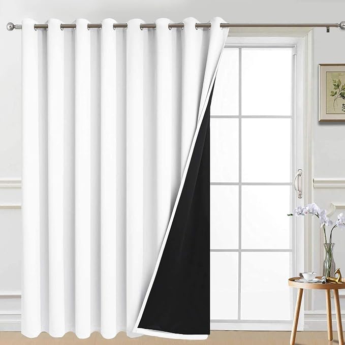 Yakamok Pure White Blackout Patio Door Curtain Panels W100 x L96, 1 Panel | Noise Reducing Barrier Panel for Sliding Glass Door, 2 Thick Layers Heat Full Light Blocking Patio Door Drapery