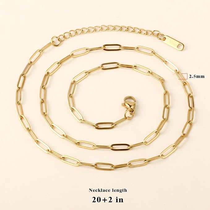 10PCS Gold Paperclip Chains Necklace Bulk 2.5MM 20 Inches 18K Gold PVD Plated Stainless Steel Finished Paperclip Link Chain Bulk forJewelry Making