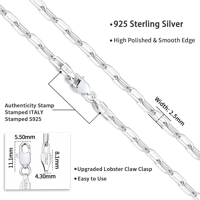 Jewlpire 14K Gold Plated 925 Sterling Silver Paperclip Chain Necklace for Women, 2.5mm 3mm Necklace for Women, Comfortable Women's Chain Necklaces 16 18 20 22 24 26 Inch