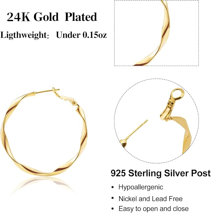 24K Gold Hoop Earrings for Women Trendy Real Gold Plated Twisted Thin Huggie Hoops, Dainty Cute Big Gold Filled Dangle Hoop Earrings Nickel Free Womens Earrings for Sensitive Ears Hypoallergenic
