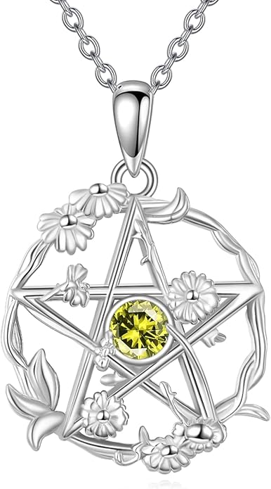 Birthstone Pentagram Necklace for Women 925 Sterling Silver Pentacle Daisy Pendant Pentacle Jewelry Birthday Gifts
