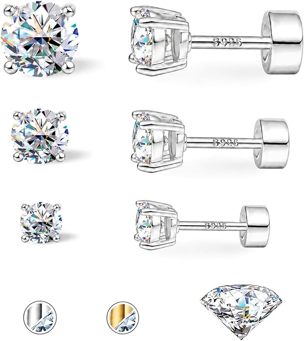 3 Pairs Moissanite Earrings, Flat Back Stud Earrings for Women Men, D Color VVS1 Hypoallergenic 925 Sterling Silver Post, Cartilage Helix Piercing Jewelry Set