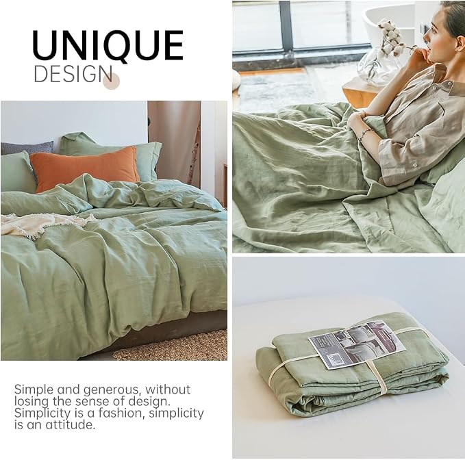 Simple&Opulence 100% Linen Duvet Cover Set 2pcs Basic Style Natural French Washed Flax Solid Color Soft Breathable Farmhouse Bedding with Button Closure - Sage Green, Twin