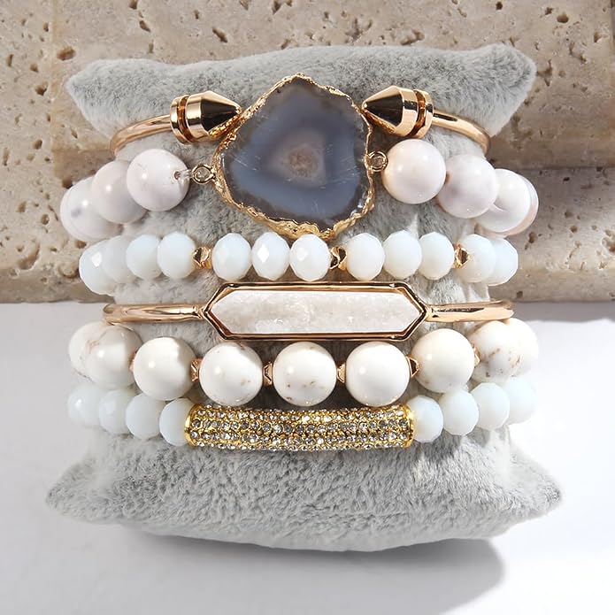 Yomisa 5PCS 6PCS Natural Boho Beaded Bracelets/Bangle for Women Men,Healing Turquoise Jasper Agate Crystal Gemstone Stone Chakra Multilayer Wrap Bohemian Handmade Jewelry Beads Stretch Bracelet Set