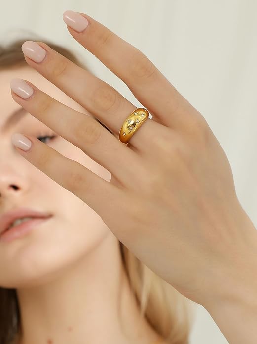 GOLDCHIC JEWELRY Chunky Dome Ring for Women, Stainless Steel Bold Stacking Croissant Statement Ring For Men (Size 7-12, Custom)