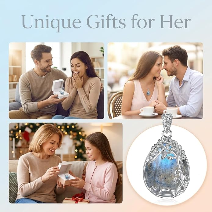 Teardrop Moonstone Necklace for Women Tree of Life/Filigree Birthstone Pendant Necklace Jewelry