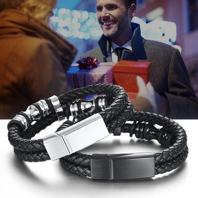 ChainsHouse Mens Wrap Braided Leather Black Bead Bracelets Bangles, Vintage Star of David/Wing Skull/Templar Cross Genuine Leather Bracelet, Customize Available, Size 7.5/8.3/9.0 Inch, Send Gift Box