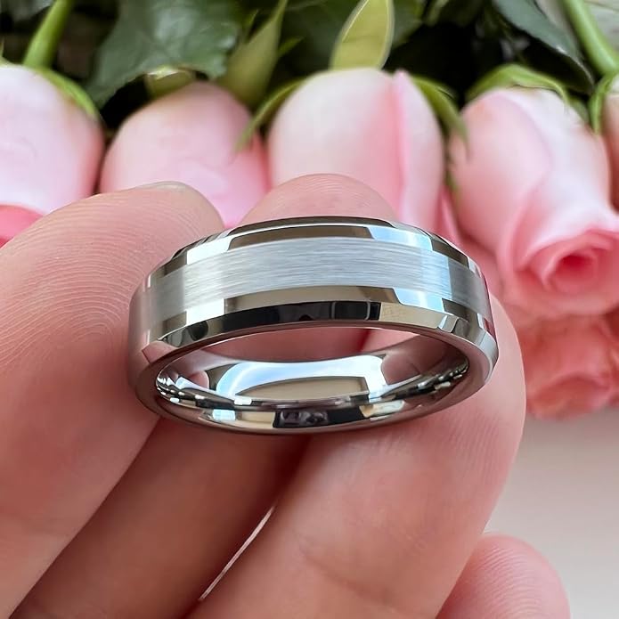 TUTISS 6mm 8mm Silver/Black/Gunmetal/Gold Tungsten Rings for Men Women Fashion Jewelry Engagement Wedding Bands Matte Polished Shiny Beveled Edges Comfort Fit