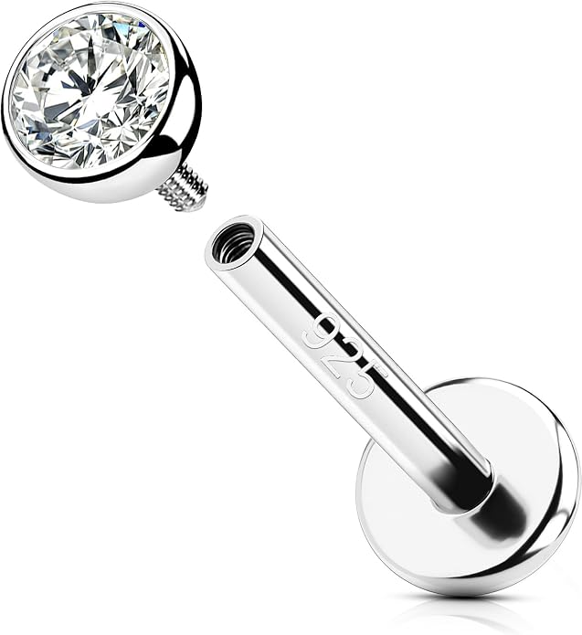 OUFER 925 Sterling Silver Helix Earrings Studs, 16G Flat Back Earrings, Silver Internally Threaded Cartilage Earrings Stud, Clear CZ Lip Rings, Ear Piercing Jewelry for Women Men