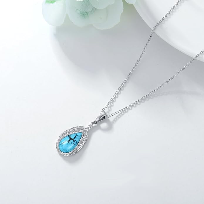 Aihpos 925 Sterling Silver Turquoise Necklaces For Women Teardrop Turquoise Pendant Necklace Genuine Turquoise Jewelry For Her Women