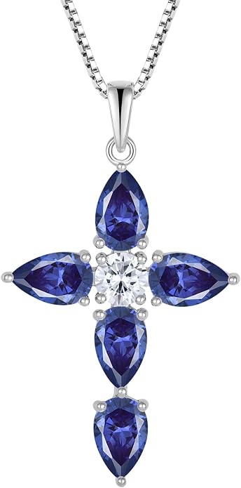 Cross Necklace for Women 925 Sterling Silver Teardrop Birthstone Pendant Religious Jewelry Gifts for Women