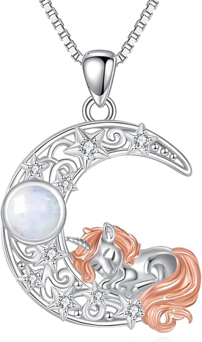 Crescent Moon Necklace with Unicorn, 925 Sterling Silver Natural Moonstone Pendant, Celestial Fantasy Jewelry Gift for Women
