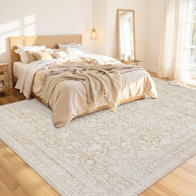 8x10 Area Rugs for Living Room: Vintage Boho Neutral Washable Rug Indoor Soft Large Area Rug Carpet for Bedroom Nursery Farmhouse Dining Room Office Floor Non-Slip Low Pile Under Table Natural Beige