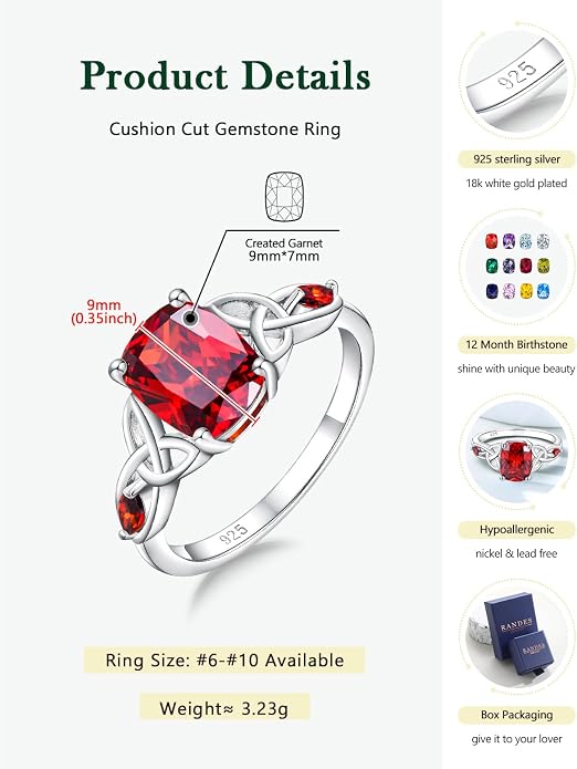 925 Sterling Silver Birthstone Rings for Women Cushion Cut Engagement Celtic Knot Ring Irish Jewelry Created Gemstone Anniversary Rings Size 6-10(with Box)