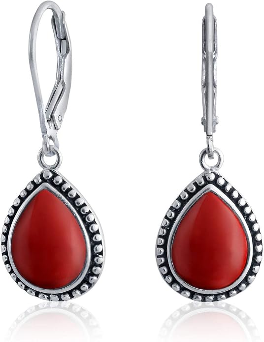 Bling Jewelry Boho Western Style Milgrain Setting Semi Precious Gemstones Lapis Turquoise Jade Onyx Quartz Pear Shaped Teardrop Lever Back Dangle Drop Earrings Teen Oxidized .925 Sterling Silver