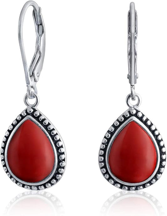 Bling Jewelry Boho Western Style Milgrain Setting Semi Precious Gemstones Lapis Turquoise Jade Onyx Quartz Pear Shaped Teardrop Lever Back Dangle Drop Earrings Teen Oxidized .925 Sterling Silver