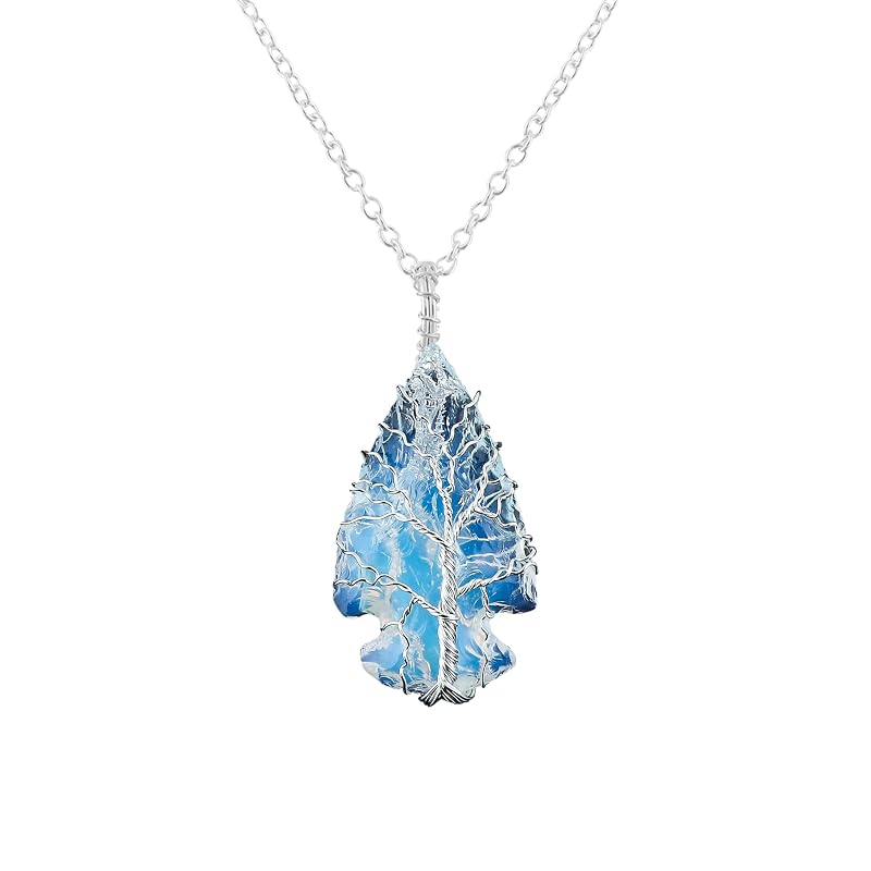 (3pcs) (Tree of Life Craft) Raw White Sea Glass Rough Crystals Pendant Necklace, Wire Wrapping, Gift Giving Women Jewelry with Dainty Silver Plated Chain 18 inch