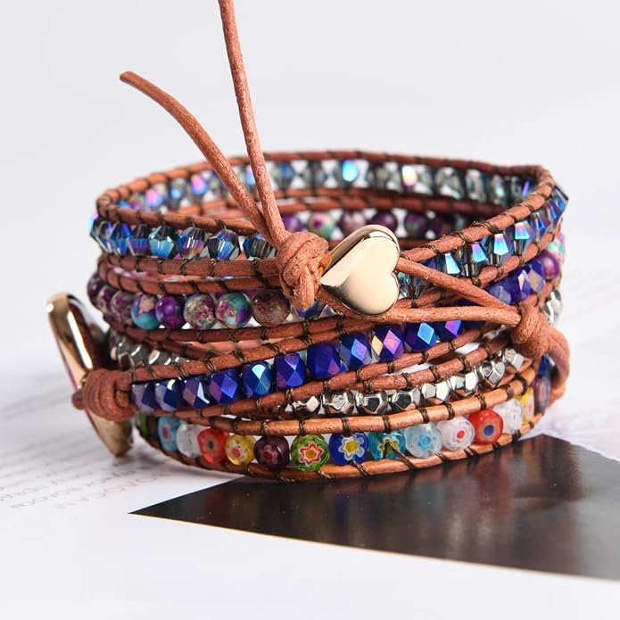 YGLINE Boho Handmade Wrap Leather Tube Crystal Stone Bracelet for Women
