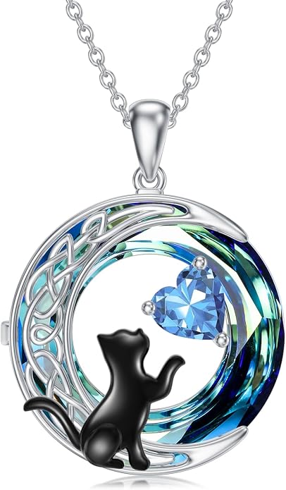 TOUPOP Cat Gifts for Cats Lovers 925 Sterling Silver Black Cat Necklace Celtic Moon Birthstone Jewelry for Women Anniversary Birthday Gift for Her Wife Mom