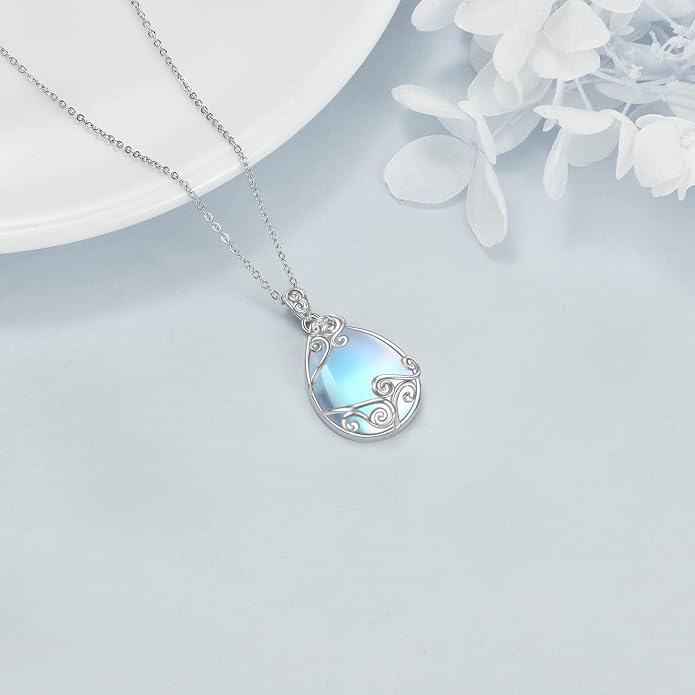 YAFEINI 925 Sterling Silver Moonstone Necklace Filigree Teardrop Pendant Necklace Jewelry for Women Girls