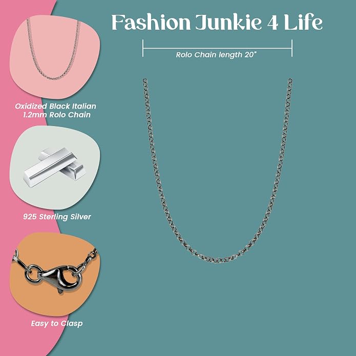 FashionJunkie4Life Oxidized Black Sterling Silver 1.2mm Rolo or Rollo Chain Necklace - 16, 18, 20, 24"