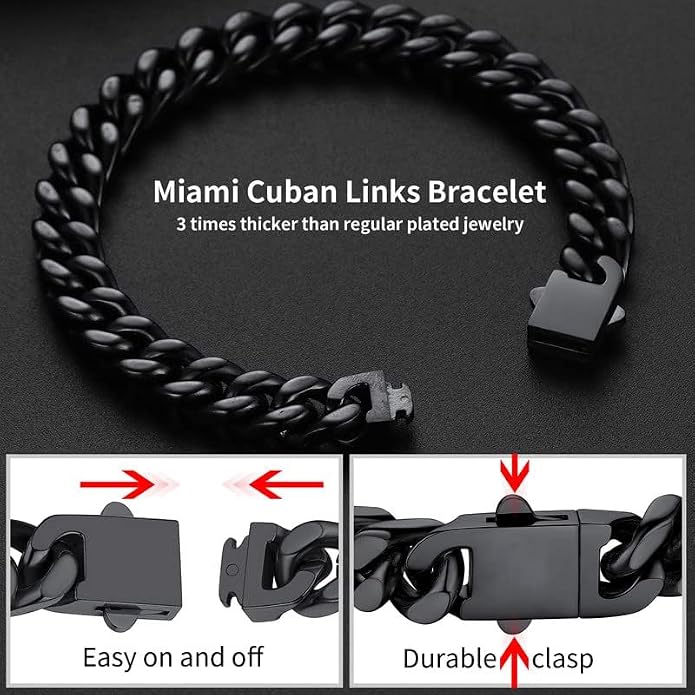 ChainsHouse Stainless Steel Cuban Link Bracelet for Men, 5mm/7mm/9mm/12mm Width, 7.5"/8.3"/9" Length, Black/18K Gold Plated Chain Wrist Bracelets for Men, with Gift Box