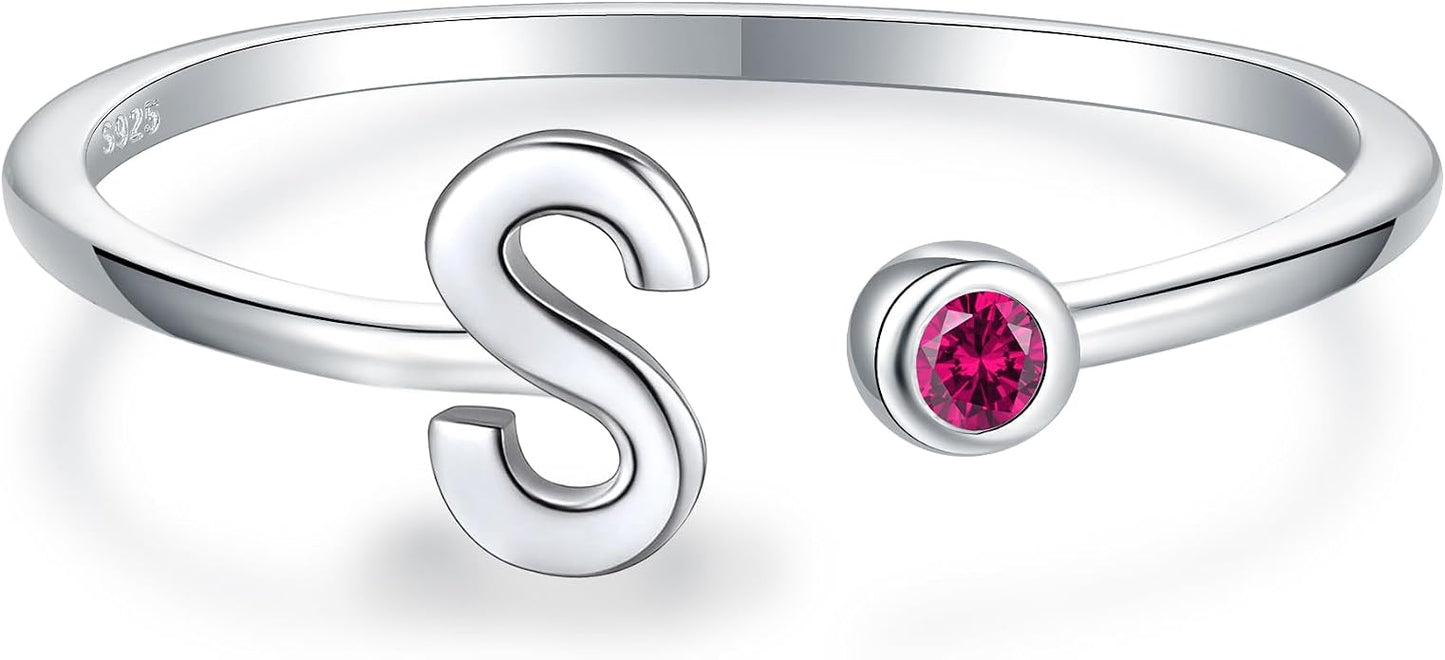 925 Sterling Silver Initial Letter Birthstone Rings for Women Adjustable 1-12 Month Birthstone Alphabet Stacking Ring for Teens Girls Stackable Birthstone Rings Birthday Jewelry Gift for Daughter Mom