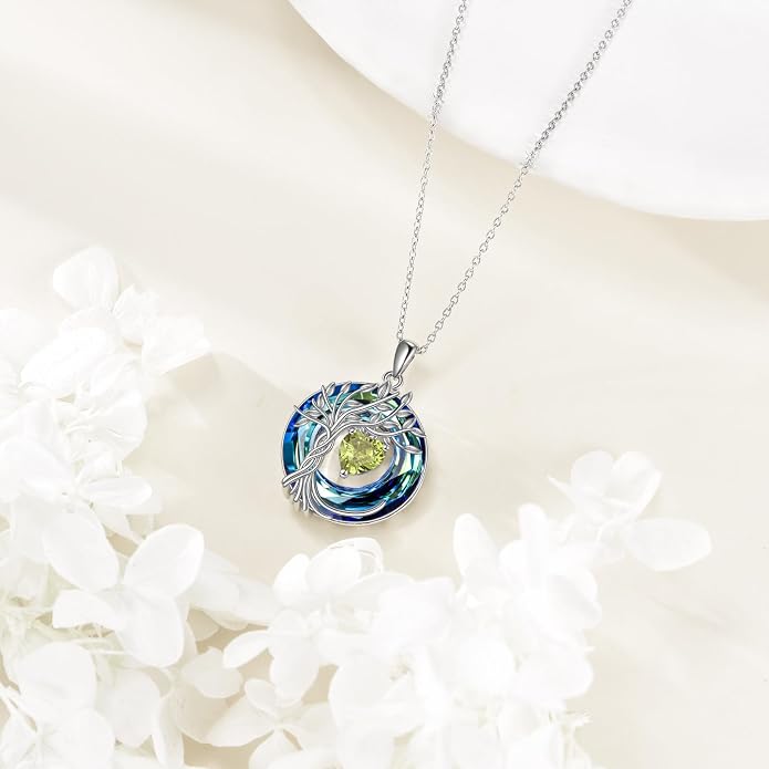 POPLYKE Mothers Day Gifts for Mom Her Wife Tree of Life Necklace 925 Sterling Silver Birthstone Pendant with Crystal Anniversary Birthday Wedding Jewelry for Women