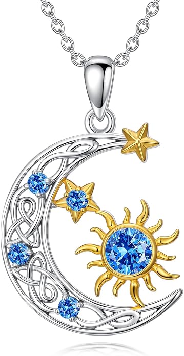 PELOVNY Sun and Moon Necklace for Women 925 Sterling Silver Sun Moon Star Birthstone Pendant Necklaces Birthday Christmas Jewelry Gifts for Mom Daughter Wife Sister