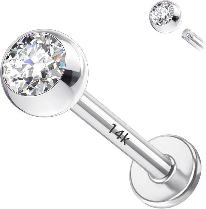 14k Yellow/White Gold Body Jewelry Earrings for Women Threaded Micro CZ Gem Top Tragus/Helix/Labret Stud 16G 6mm 8mm