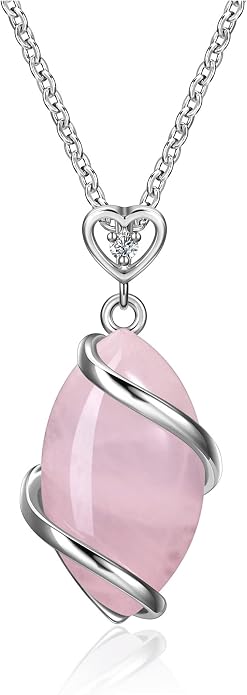 Jovivi Amethyst Rose Quartz Stone Necklace for Women Men, Full Wire Wrapped Natural Gemstone Reiki Healing Crystal Pendant Jewelry