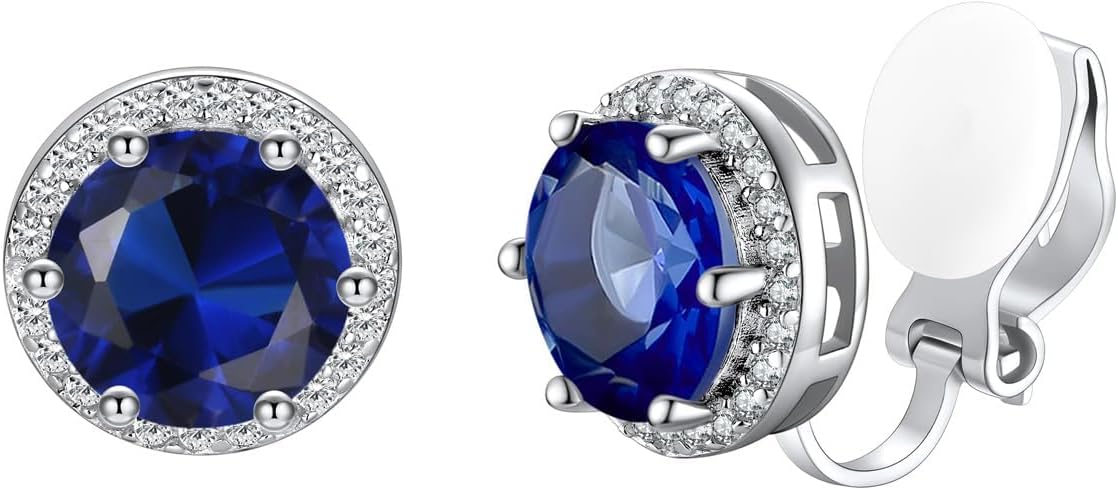Silvora 925 Silver 8MM Cubic Zirconia Birthstone Clip On Stud Earrings Round Non Pierced Earrings For Women,Come with Box