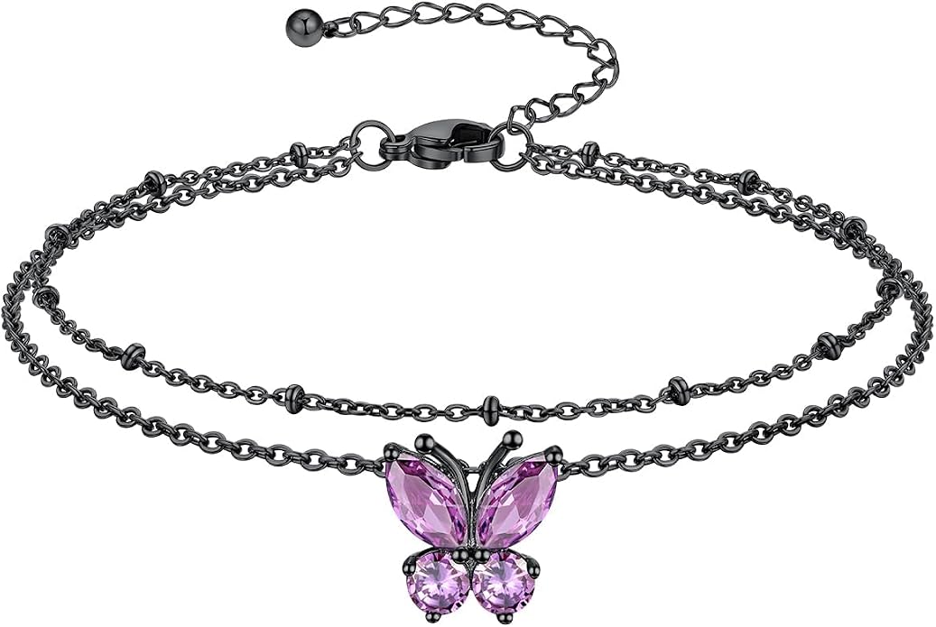 Richsteel Double Layer Heart/Butterfly Birthstone Anklet for Women Non Tarnish Waterproof, Silver/Gold/Black Stainless Steel 8.5-10.5 Inch Adjustable Chain Anklets Jewelry Gifts for Her