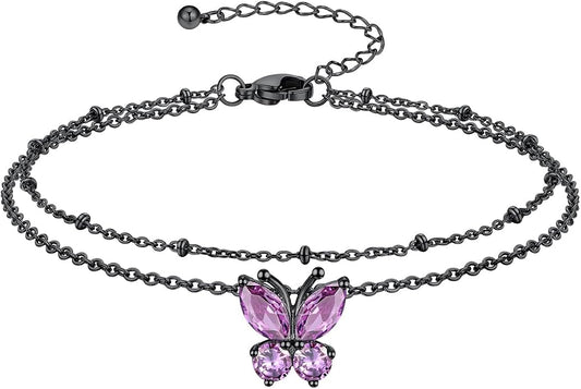 Richsteel Double Layer Heart/Butterfly Birthstone Anklet for Women Non Tarnish Waterproof, Silver/Gold/Black Stainless Steel 8.5-10.5 Inch Adjustable Chain Anklets Jewelry Gifts for Her
