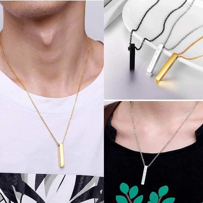 U7 Engravable Bar Necklace, Womens Choker Necklace Stainless Steel Custom Engrave Text Horizontal/Vertical Bar Pendant Necklaces for Men Women