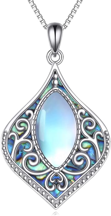 ONEFINITY Filigree Moonstone Necklace 925 Sterling Silver Bohemian Irish Celtic Necklace Abalone Shell Filigree Jewelry Gifts For Women