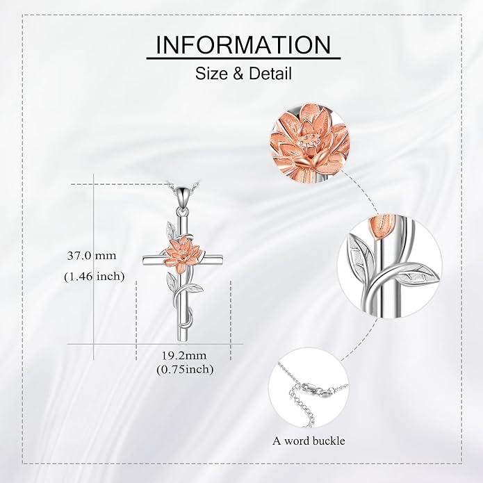 Flower Cross Necklace 925 Sterling Silver Carnation/Rose/Lily/Daisy Cross Necklace Birth Flower Jewelry for Women