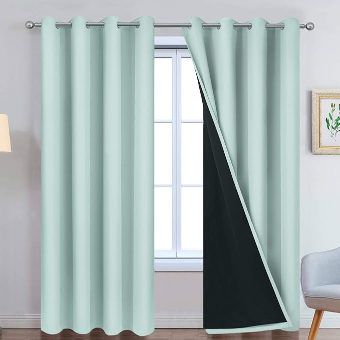 Yakamok Aqua 100% Blackout Curtains 96 Inches Long for Bedroom 52" Wide | Blackout Curtain Panels for Bedroom, 2 Thick Layers Grommet Top Thermal Insulated Drapes with Black Liner for Living Room